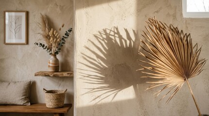 Dried palm leaf casting a shadow on a textured beige wall, minimalist botanical decor background, warm neutral tones and elegant natural styling, soft realistic light, no logos