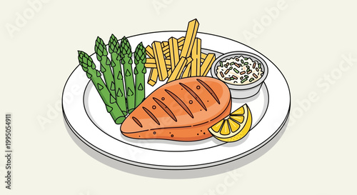 A colorful plate featuring grilled steak fries asparagus and dipping sauce