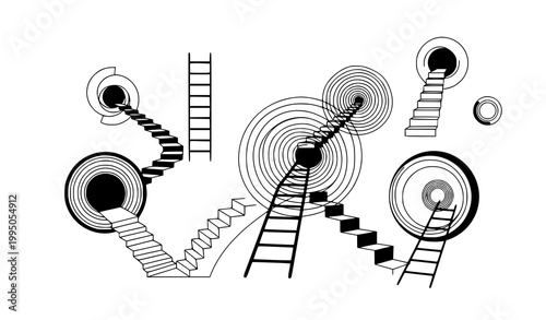 Abstract cosmic ladders and stairways with geometric shapes in retro monochrome minimalist vector style