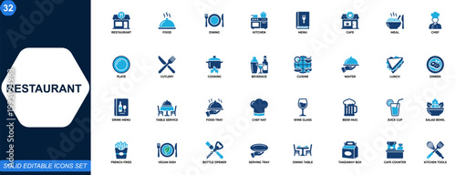 Restaurant and cafe icon set. Dining, kitchen, menu, chef, plate, cutlery, beverage, cooking, table service, takeaway, culinary, hospitality, food service. Editable icons collection. Vector.