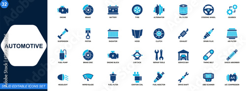 Automotive icon set. Auto parts, car repair, vehicle maintenance, mechanic tools, engine components, brake system, battery service, garage workshop. Editable icons collection. Vector.