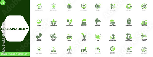 Sustainability and environment icon set. Eco, earth, renewable energy, recycling, carbon footprint, climate action, conservation, green technology, waste reduction. Editable icons collection. Vector.