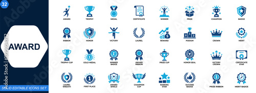 Award, trophy and achievement icon set for recognition themes. Trophy, medal, certificate, winner, prize, champion, badge, ribbon, laurel, achievement. Editable icons collection. Vector.