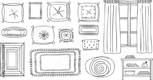 A hand drawn sketch depicting various home decor elements arranged in a top down view