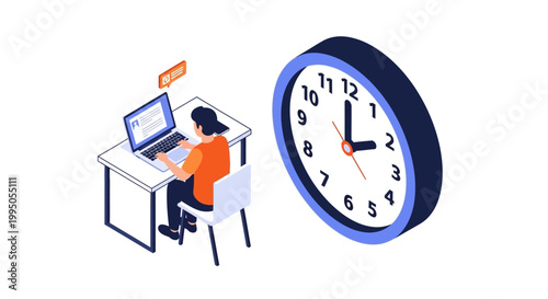 Isometric Concept of Time Management and Productivity: Man Working on Laptop at Desk with Large Clock representing Deadlines, Efficiency, and Freelance Work