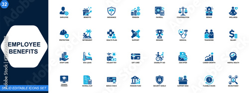 Employee benefits icon set. Insurance, pension, payroll, compensation, wellness, bonus, workplace support, HR, staff protection, retirement, incentives. Editable icons collection. Vector.