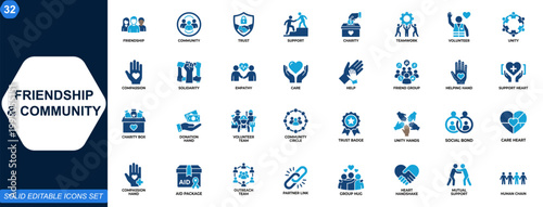 Friendship and community icons set. Friendship, community, trust, support, charity, teamwork, volunteer, solidarity, compassion, unity, connection. Editable icons collection. Vector.
