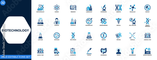 Biotechnology icons collection. Biotechnology, research, laboratory, microscope, genetics, molecular biology, cell analysis, bioengineering, chemistry, medical science. Editable icons collection.