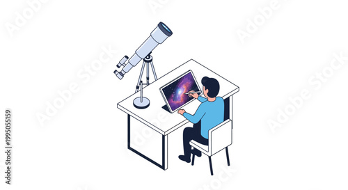 Isometric Vector Illustration of a Digital Artist Drawing a Galaxy on a Tablet next to a Telescope