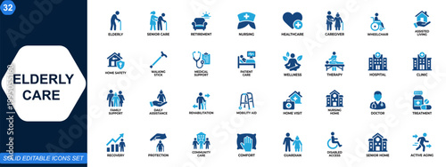 Elderly care and senior support icon set. Aging, retirement, nursing, healthcare, assisted living, wheelchair, caregiver, rehabilitation, home safety. Editable icons collection. Vector.