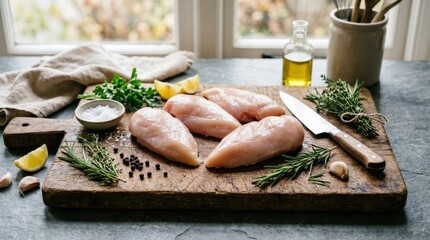 Fresh raw chicken breasts on rustic wooden board with herbs, uncooked poultry ingredient concept, clean food preparation scene, no logos