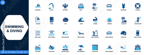 Swimming and diving icon set. Swimmer, pool, beach, goggles, lifebuoy, swimwear, fitness, summer vacation, water sport, aquatic lifestyle, pool training. Editable icons collection. Vector.