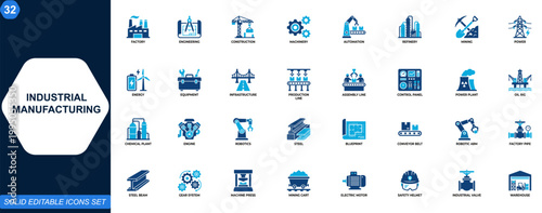 Industrial manufacturing icon set. Factory, engineering, construction, machinery, automation, energy, refinery, mining, infrastructure, mechanical systems. Editable icons collection. Vector.