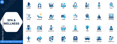 Spa and wellness icon set. Massage, beauty, sauna, skincare, salon, facial treatment, aromatherapy, body care, relaxation, therapy, hygiene, meditation. Editable icons collection. Vector.
