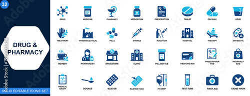 Drug and pharmacy icon set. Medicine, medication, prescription, tablet, capsule, dose, treatment, pharmacy, pharmaceutical, healthcare. Editable icons collection. Vector.