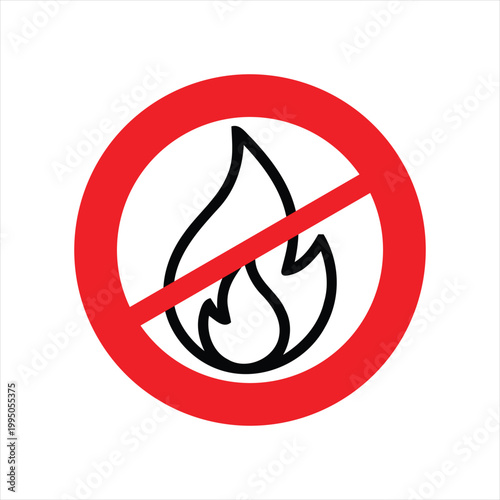 Fire outline icon centered in a red prohibition circle serves as a universal warning against potential fire hazards and unauthorized ignition.