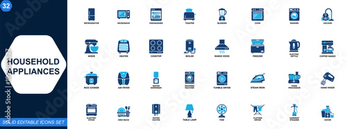 Household appliances icon set. Kitchen, laundry, refrigerator, microwave, dishwasher, vacuum cleaner, toaster, blender, oven, electric home equipment. Editable icons collection. Vector.