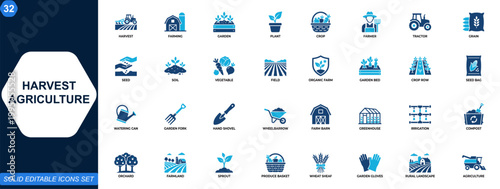 Harvest agriculture icon set. Farming, gardening, crops, farmer, tractor, grain, seed, soil, vegetable, rural landscape. Editable icons collection. Vector.