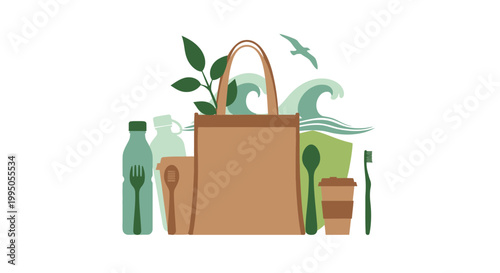 Eco friendly lifestyle illustration featuring a tote bag and sustainable items