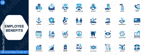 Employee benefits and workplace perks icon set. Bonus, compensation, payroll, wellness, insurance, pension, reward, vacation, maternity, incentive. Editable icons collection. Vector.