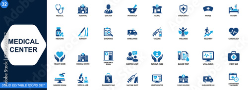 Medical center icon set. Hospital, healthcare, pharmacy, doctor, clinic, emergency care, surgery, diagnosis, ambulance, patient treatment, wellness. Editable icons collection. Vector.