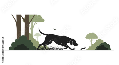 A sleek black dog chases a smaller animal through a forest landscape