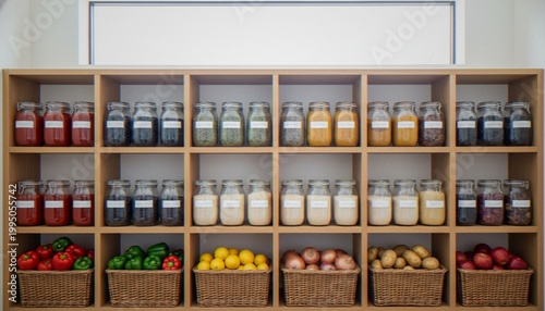 Foto A well-organized wooden pantry shelving unit featuring rows of glass jars filled with various dry pantry staples, grains, and fresh produce in woven wicker baskets on the bottom shelf