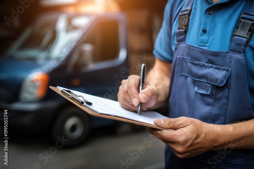 A delivery bus courier in uniform is holding a clipboard and signing paperwork outside a delivery vehicle in the city during the day