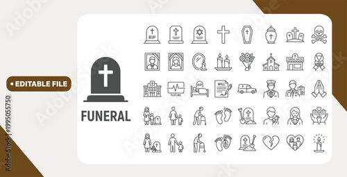 Funeral and death web icons in line style. Church, bible, coffin, gravestone, burial, flower. Editable stroke. Vector illustration.