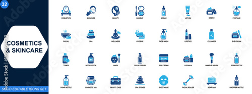 Cosmetics and skincare icon set. Beauty, makeup, serum, lotion, cream, perfume, spa, wellness, facial care, hygiene, self care, cosmetic products. Editable icons collection. Vector.
