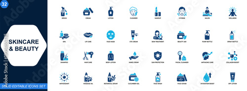 Skincare and beauty care product icons set. Cosmetic, facial, dermatology, moisturizer, serum, lotion, salon, hygiene, wellness, spa. Editable icons collection. Vector.