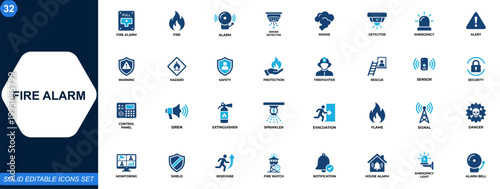 Fire alarm icon set. Fire safety, smoke detector, emergency alert, warning system, hazard protection, firefighter equipment, rescue response, security control. Editable icons collection. Vector.
