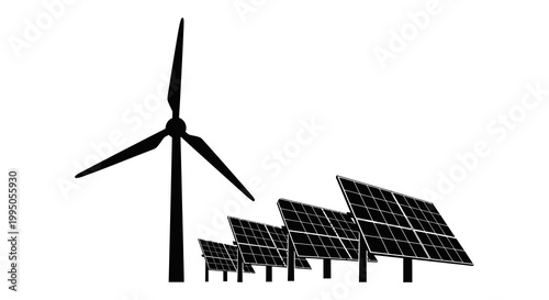 Wind turbine and solar panels represent renewable energy sources