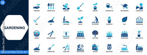 Gardening icon set. Garden tools, planting, seedling, watering, wheelbarrow, landscaping, lawn care, greenhouse, harvest, cultivation, botany, pruning. Editable icons collection. Vector.