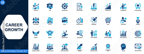 Career growth and professional success icon set. Job, employment, promotion, leadership, achievement, teamwork, opportunity, planning, skills, office. Editable icons collection. Vector.
