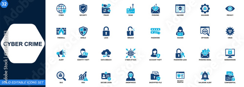 Cyber crime and cyber security icon set. Fraud, scam, phishing, hacking, malware, data breach, identity theft, password attack, privacy protection. Editable icons collection. Vector.