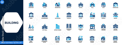 Building icon set. Apartment, office, residential, hospital, school, mall, shop, bank, warehouse, government, real estate, urban architecture. Editable icons collection. Vector.