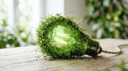 Green light bulb covered in grass symbolizing eco friendly energy solutions, sustainability and clean technology concept with natural texture, bright minimal setting, realistic detail, no logos
