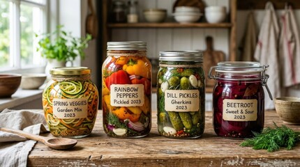 Assortment of four glass jars with preserved colorful vegetables, homemade pickles and canned produce, healthy pantry food concept, rustic kitchen styling, clear detail, soft natural light, no logos