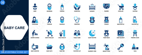 Baby care icon set. Infant, newborn, feeding, parenting, nursery, bottle, diaper, stroller, pacifier, child health, family care, baby essentials. Editable icons collection. Vector.