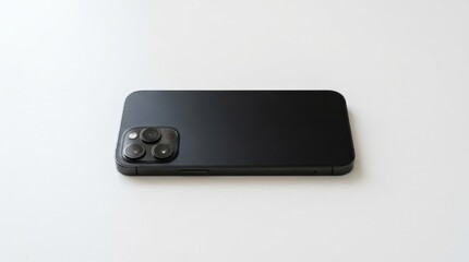 Black smartphone lying flat on a white surface, modern mobile device product mockup, blank unbranded technology object, minimal composition, crisp studio lighting, realistic material detail, no logos