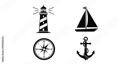 Nautical icons featuring a lighthouse boat compass and anchor silhouette