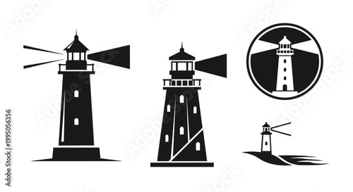 Stylized lighthouse designs in black showcasing a bold silhouette