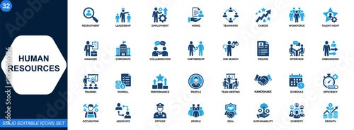 Human Resources icon set for corporate workforce and talent management. HR, recruitment, leadership, teamwork, employment, hiring, career development, business operations. Editable icons collection.