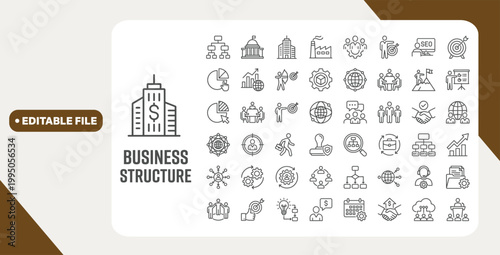 Business structure web icons in line style. Management, company, teams, finance, governance, strategy, hierarchy, productivity, employees, corporation, workers. Editable stroke. Vector illustration.