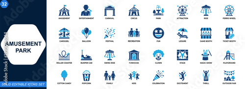 Amusement park and entertainment icon set. Fun, attraction, carnival, circus, carousel, ferris wheel, balloon, game, festival, family leisure. Editable icons collection. Vector.