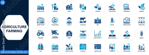 Agriculture and farming icon set. Smart farm, organic agriculture, crop cultivation, harvest production, agronomy tools, rural equipment, sustainable food systems. Editable icons collection. Vector.