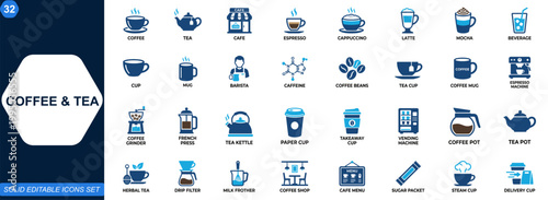 Coffee and Tea icon set for cafe and beverage branding. Espresso, cappuccino, latte, tea cup, coffee shop, barista tools, hot drinks, vending service. Editable icons collection. Vector.