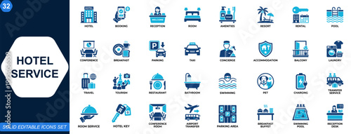 Hotel service icon set for hospitality and accommodation businesses. Booking, reception, room, amenities, travel, resort, rental, concierge, conference facilities. Editable icons collection. Vector.