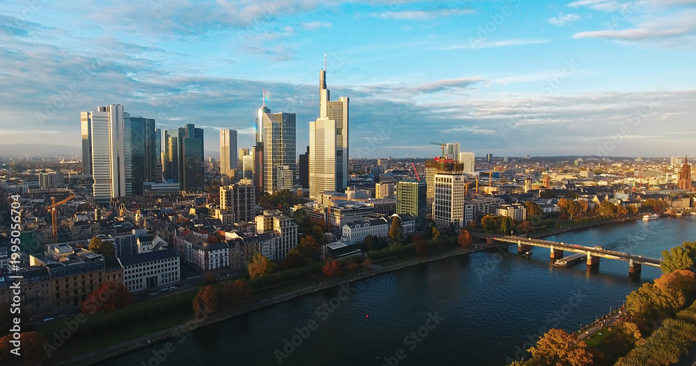 Obraz premium Frankfurt am main cityscape with main river and skyscrapers